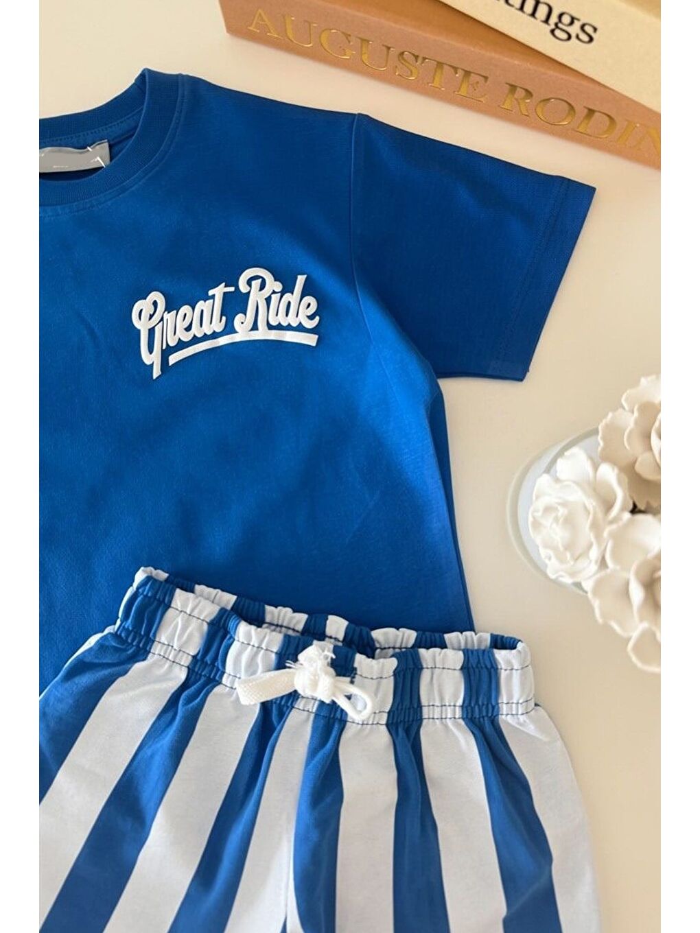 Mavi Erkek Çocuk Pamuklu Lacivert T-Shirt Ve Çizgili Şort Alt Üst Takım-1