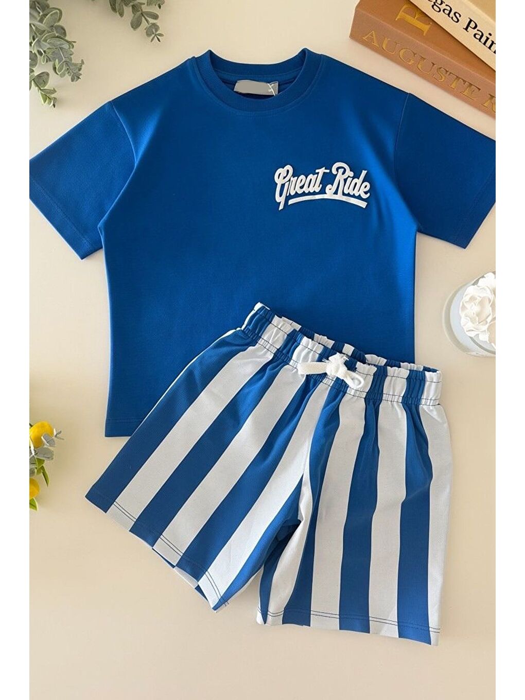 Mavi Erkek Çocuk Pamuklu Lacivert T-Shirt Ve Çizgili Şort Alt Üst Takım-2