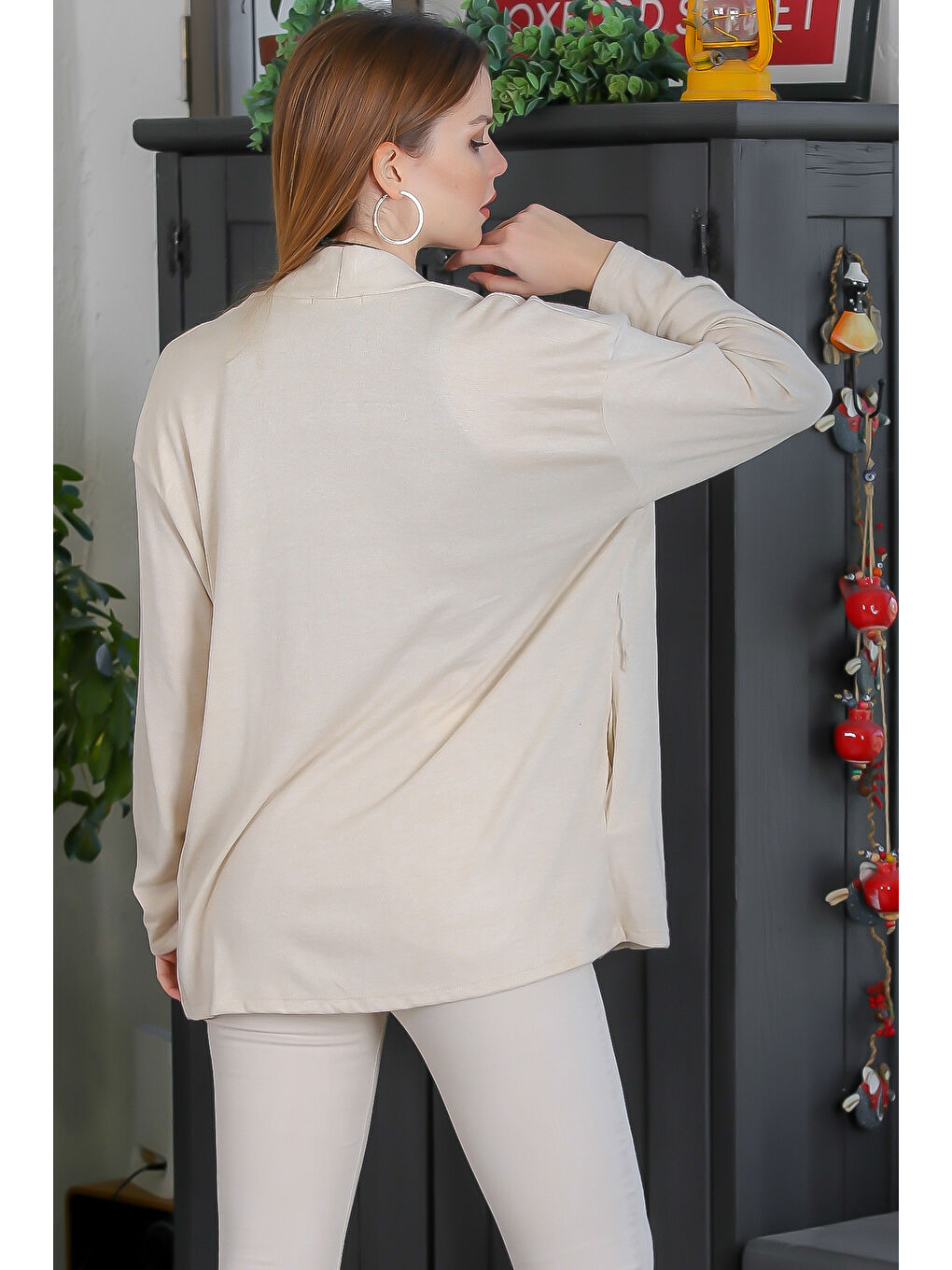 İtalyan Bej Kimono Yaka Uzun Kol Kapamasız Çift Cepli Casual Triko Hırka-7