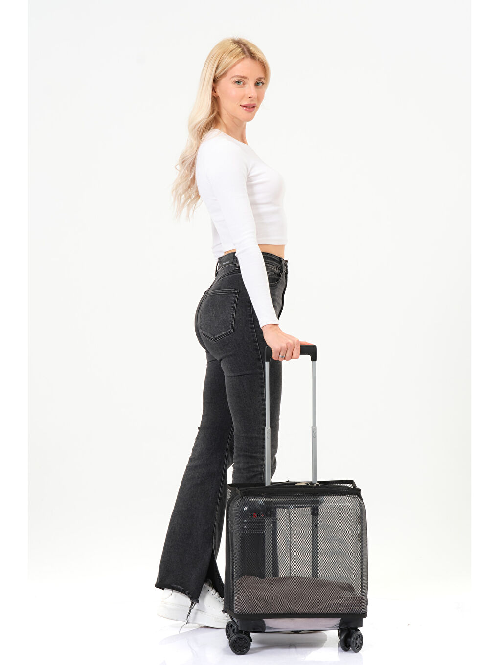 Şeffaf Evcil Hayvan Valizi Siyah Aksesuarlı – 360° Döner Tekerlekli-1