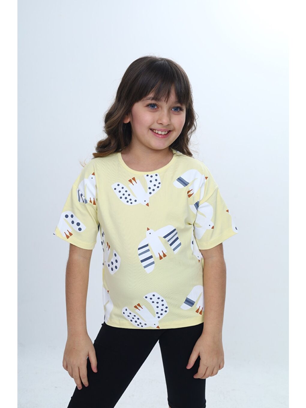 Sarı Kız Çocuk Baskılı Bisiklet Yaka Kısa Kollu Tişört 24981-1