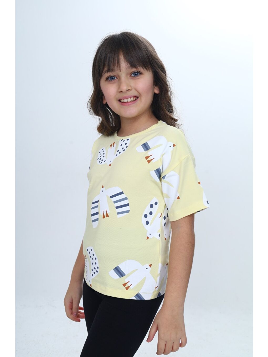 Sarı Kız Çocuk Baskılı Bisiklet Yaka Kısa Kollu Tişört 24981-2