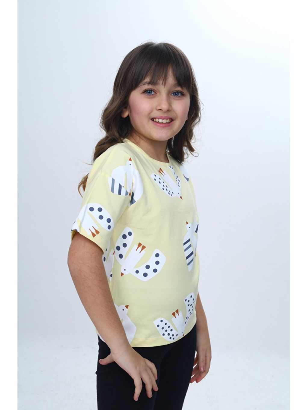 Sarı Kız Çocuk Baskılı Bisiklet Yaka Kısa Kollu Tişört 24981-3