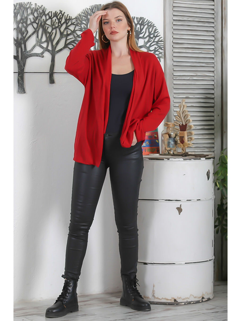 İtalyan Koyu Kırmızı Kimono Yaka Uzun Kol Kapamasız Çift Cepli Casual Triko Hırka-5