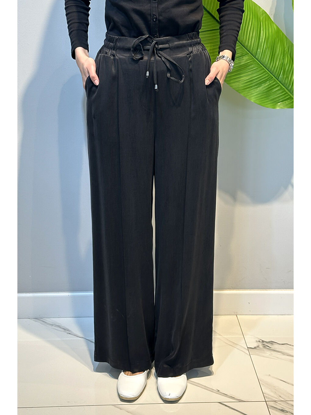 İpek Cupra Beli Lastikli Pantolon 5588 Siyah-1