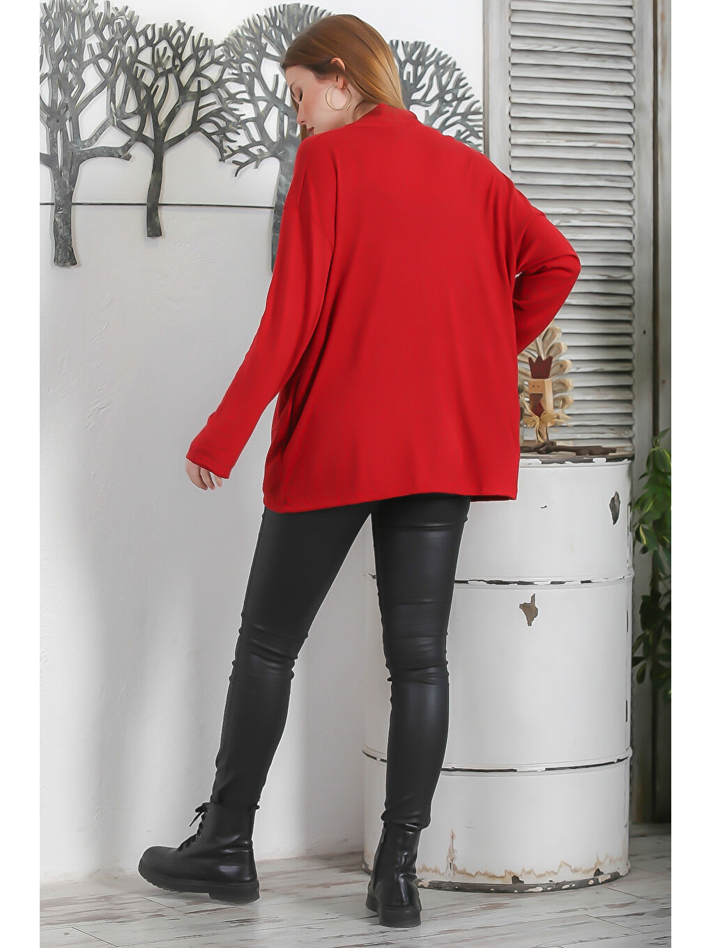 İtalyan Koyu Kırmızı Kimono Yaka Uzun Kol Kapamasız Çift Cepli Casual Triko Hırka-6