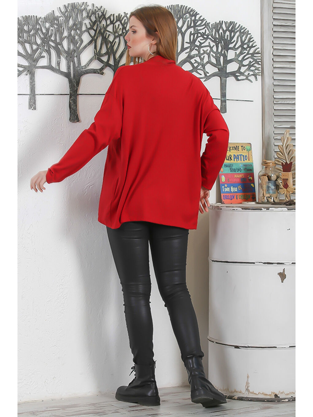 İtalyan Koyu Kırmızı Kimono Yaka Uzun Kol Kapamasız Çift Cepli Casual Triko Hırka-7