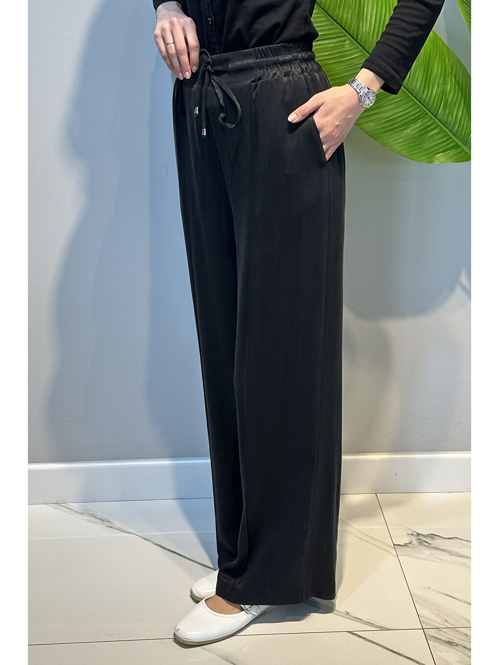 İpek Cupra Beli Lastikli Pantolon 5588 Siyah-2