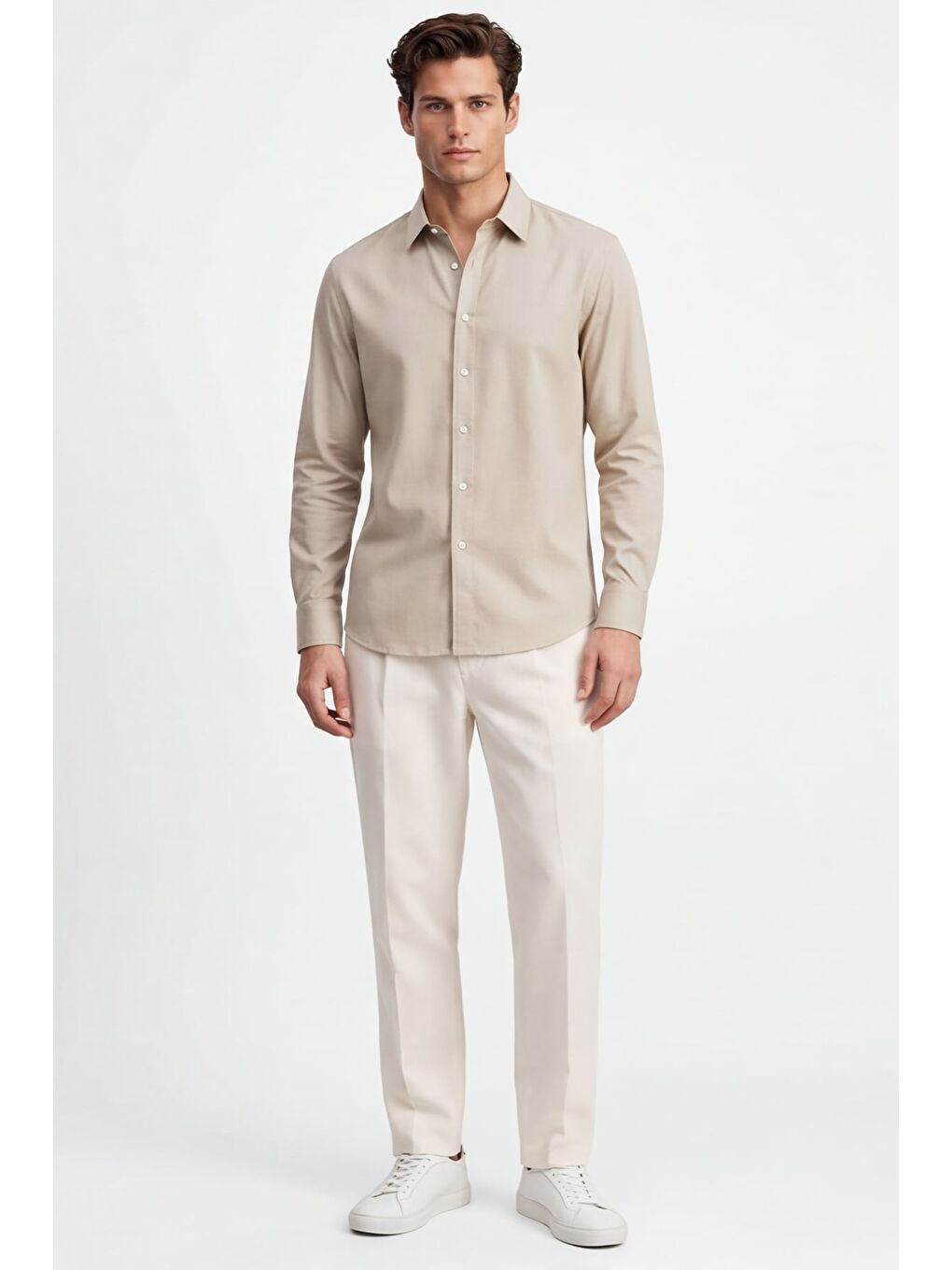 Erkek Bej Normal Kesim Regular Fit %100 Pamuk Gabardin Uzun Kollu Klasik Yaka Gömlek-1