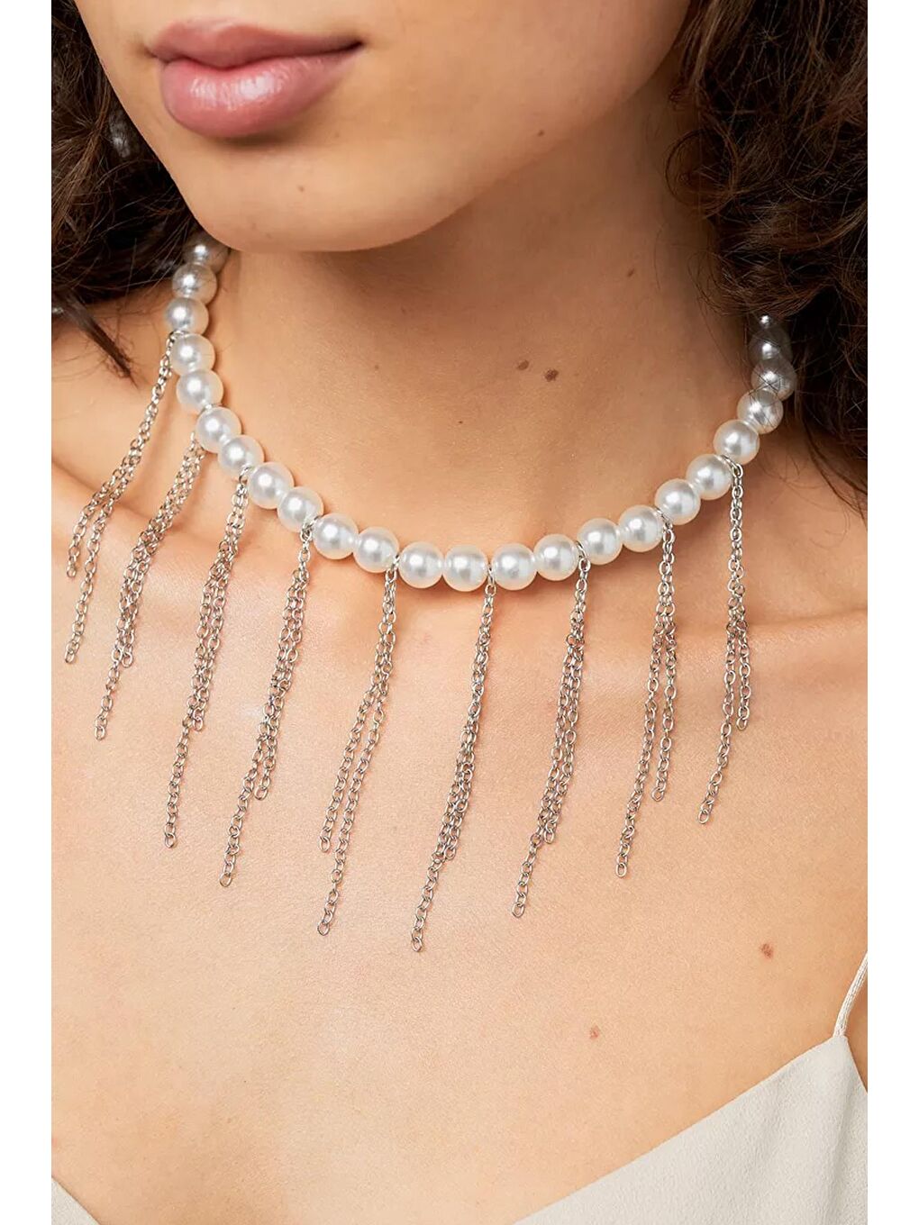 Gri Gümüş Saçağı İnci Choker Kolye
