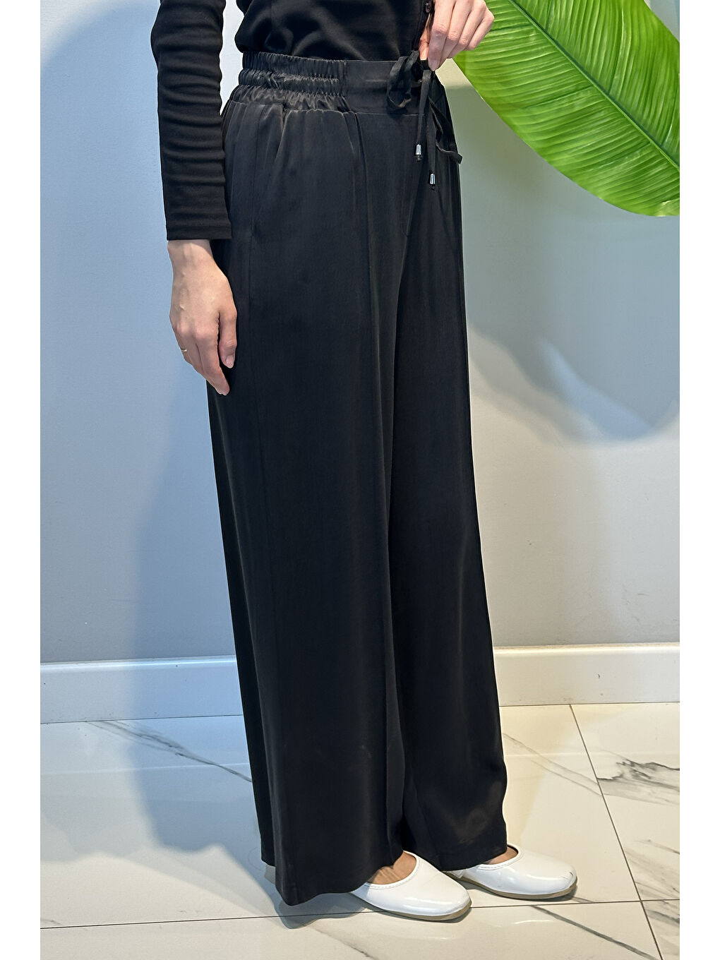 İpek Cupra Beli Lastikli Pantolon 5588 Siyah-3