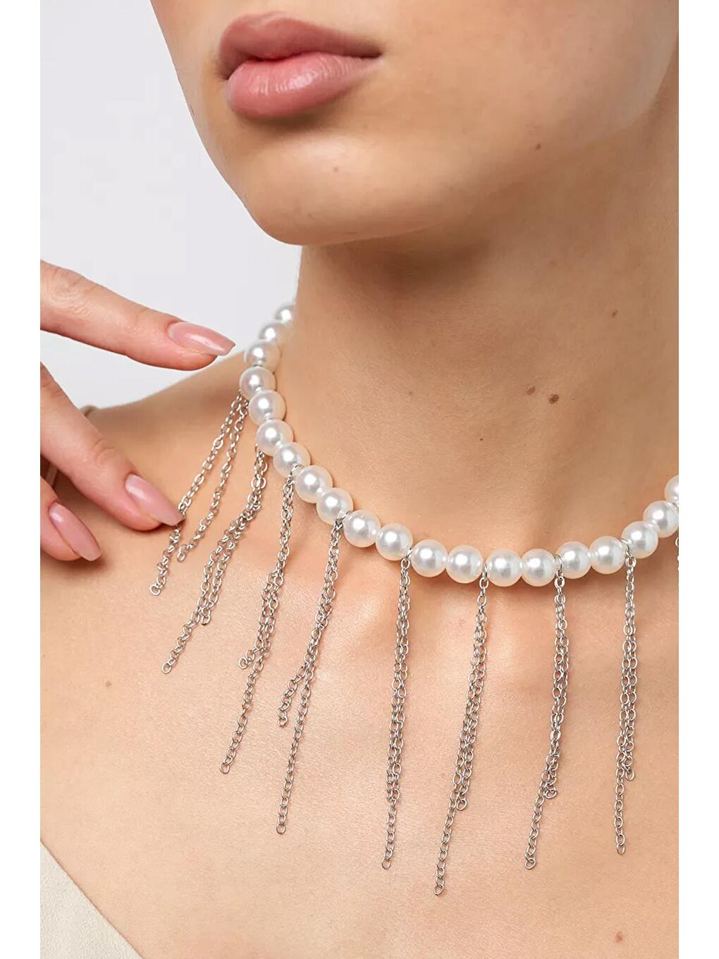 Gri Gümüş Saçağı İnci Choker Kolye-1
