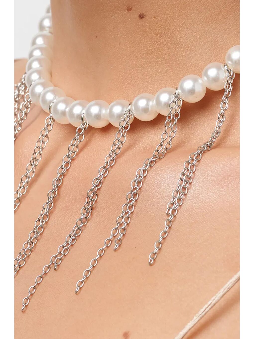 Gri Gümüş Saçağı İnci Choker Kolye-2