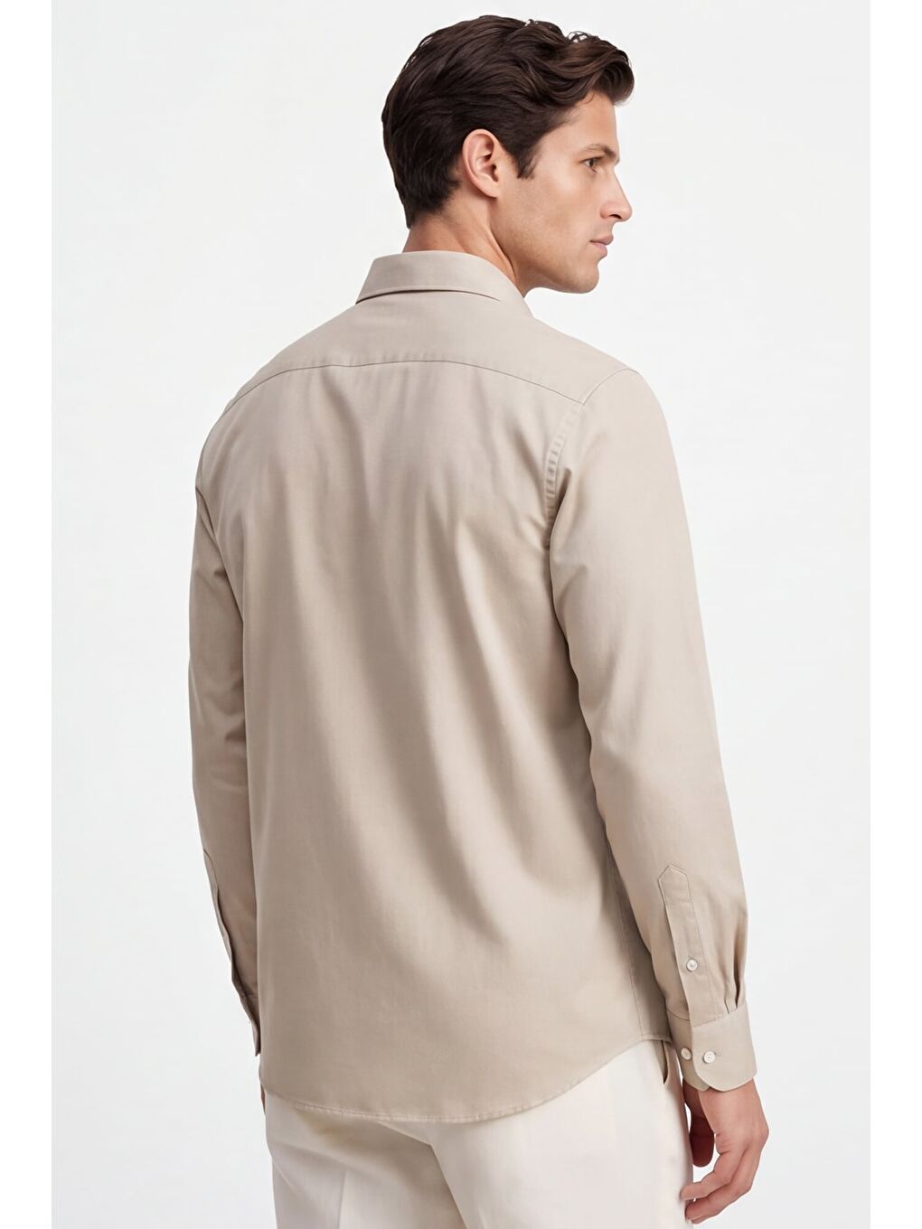 Erkek Bej Normal Kesim Regular Fit %100 Pamuk Gabardin Uzun Kollu Klasik Yaka Gömlek-4