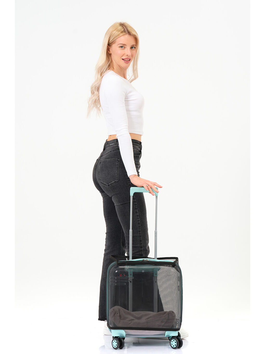 Şeffaf Evcil Hayvan Valizi Turkuaz Aksesuarlı – 360° Döner Tekerlekli-1