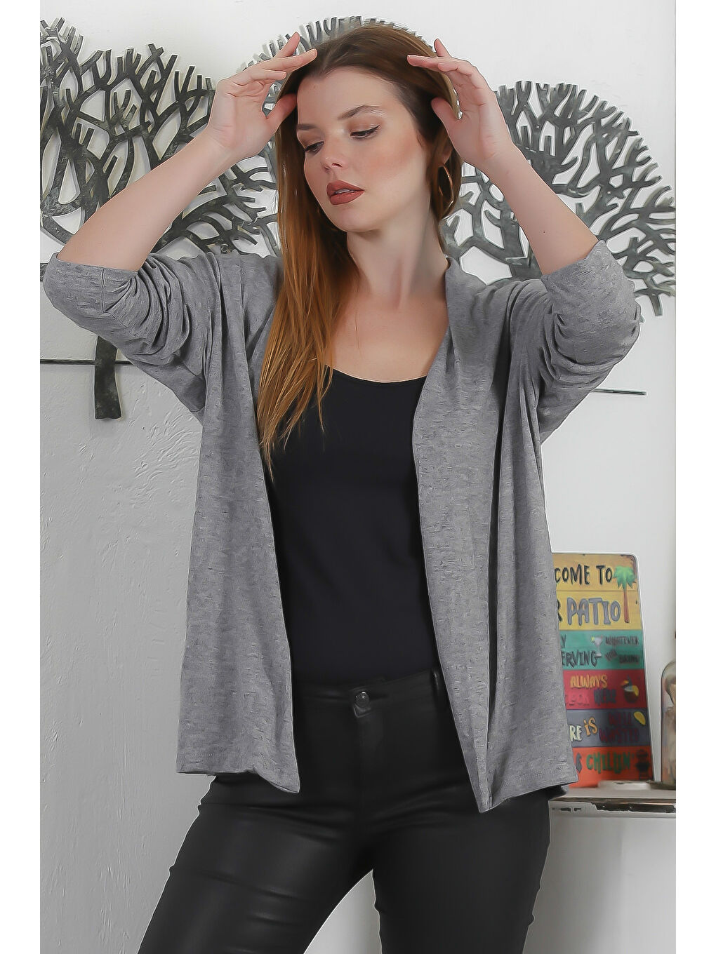 İtalyan Gri Kimono Yaka Uzun Kol Kapamasız Çift Cepli Casual Triko Hırka-3