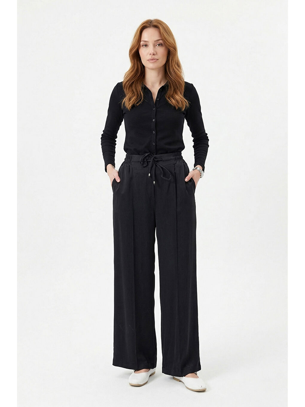 İpek Cupra Beli Lastikli Pantolon 5588 Siyah-4