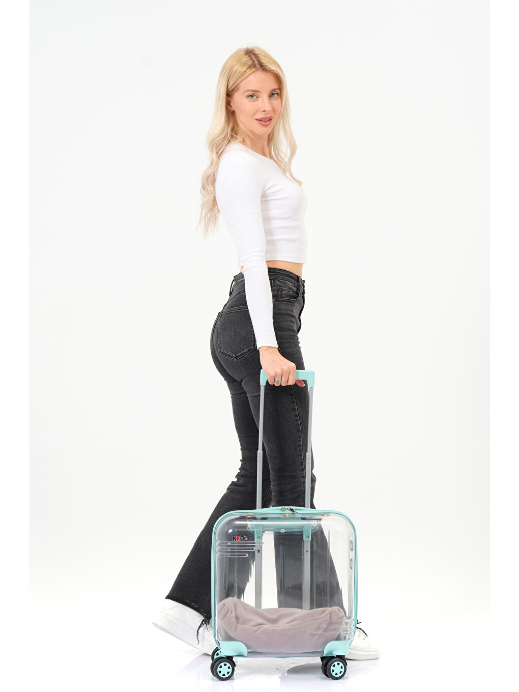 Şeffaf Evcil Hayvan Valizi Turkuaz Aksesuarlı – 360° Döner Tekerlekli-5