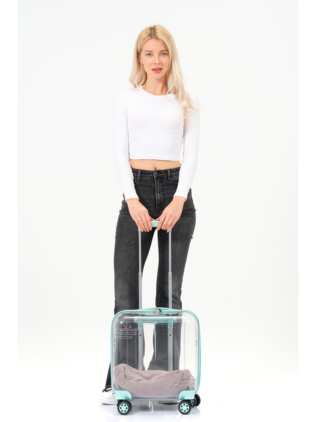 Şeffaf Evcil Hayvan Valizi Turkuaz Aksesuarlı – 360° Döner Tekerlekli-6