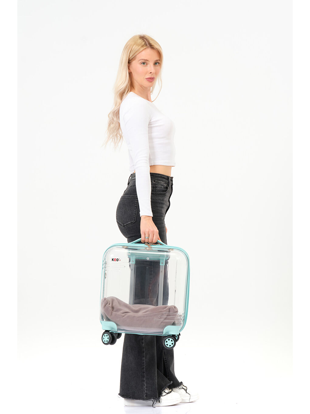 Şeffaf Evcil Hayvan Valizi Turkuaz Aksesuarlı – 360° Döner Tekerlekli-7