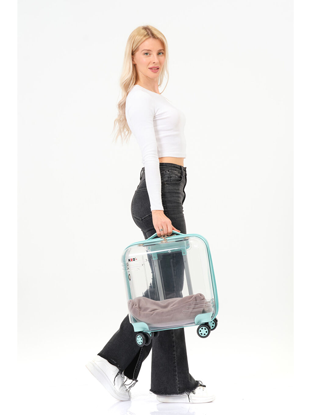 Şeffaf Evcil Hayvan Valizi Turkuaz Aksesuarlı – 360° Döner Tekerlekli-8