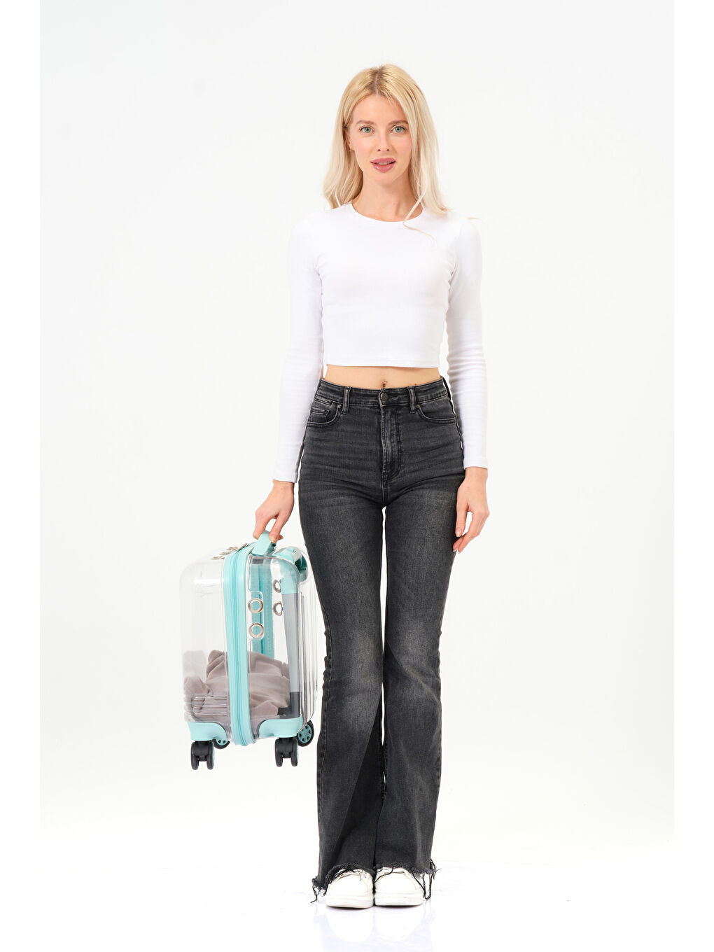 Şeffaf Evcil Hayvan Valizi Turkuaz Aksesuarlı – 360° Döner Tekerlekli-10