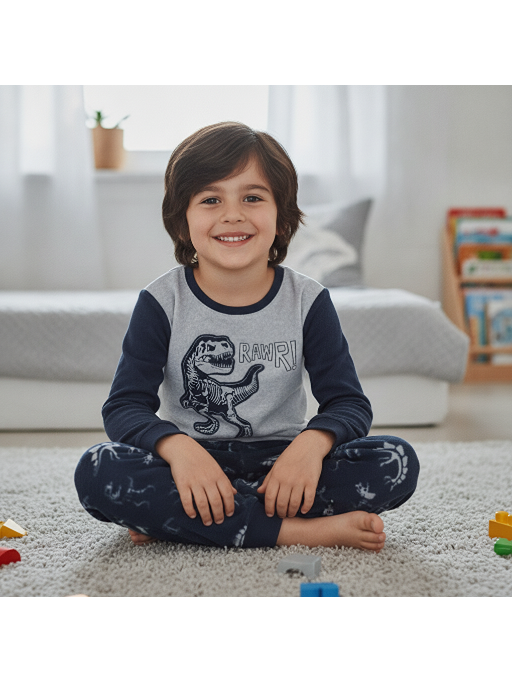 Çocuk Gri Renk Dinozor Baskılı Polar 2'Li Takım Cb1031-2