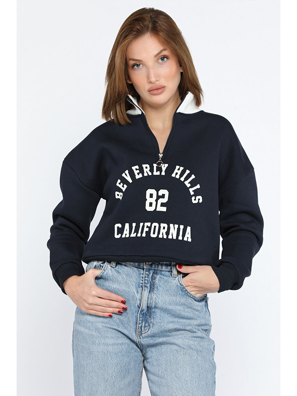 GÜLSELİ Lacivert Yarım Fermuarlı Şardonlu Kadın Sweatshirt