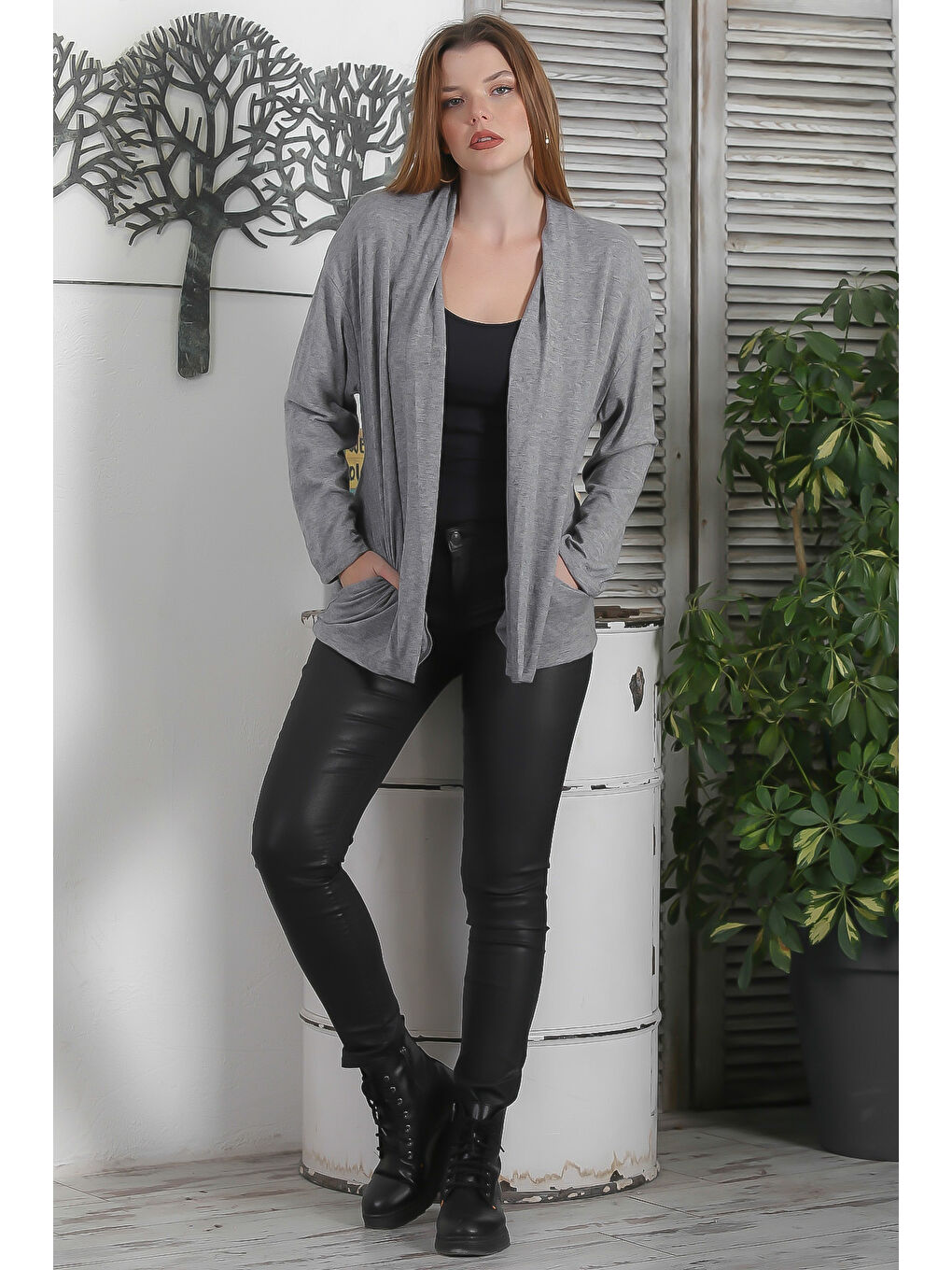 İtalyan Gri Kimono Yaka Uzun Kol Kapamasız Çift Cepli Casual Triko Hırka-5