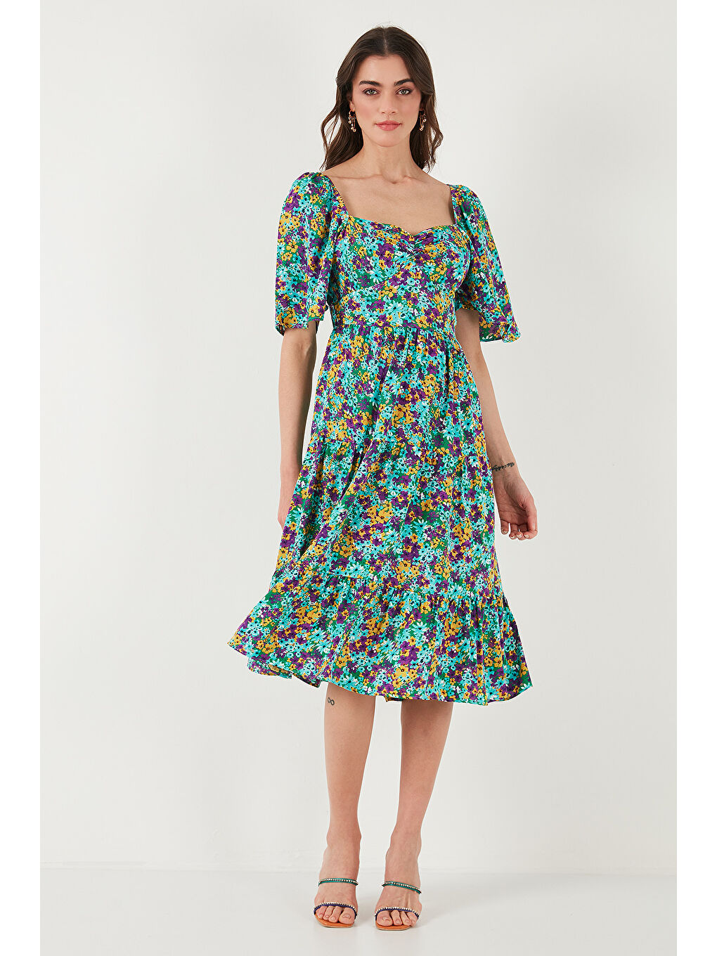 Yeşil Desenli Oversize Fit Carmen Yaka Büzgü Detaylı Midi Boy Kadın Elbise 67810557-4