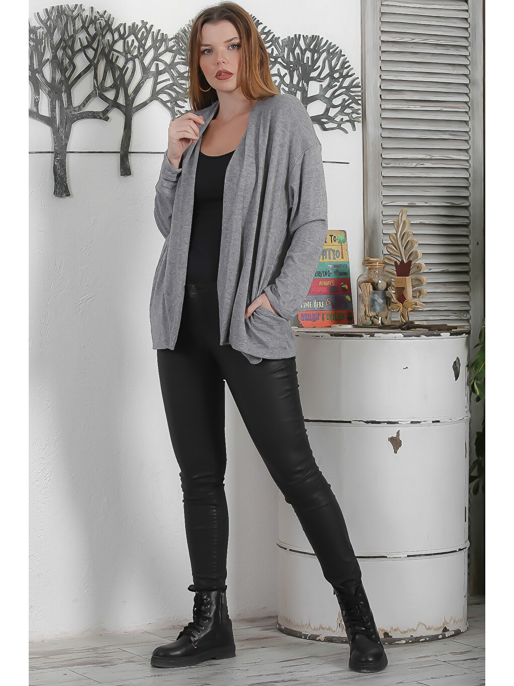 İtalyan Gri Kimono Yaka Uzun Kol Kapamasız Çift Cepli Casual Triko Hırka-6