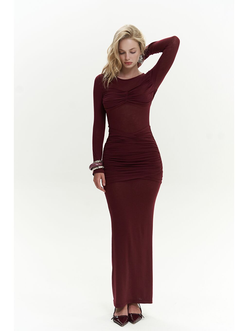 Mai Collection Samia Göğüs Detay Uzun Bordo Elbise