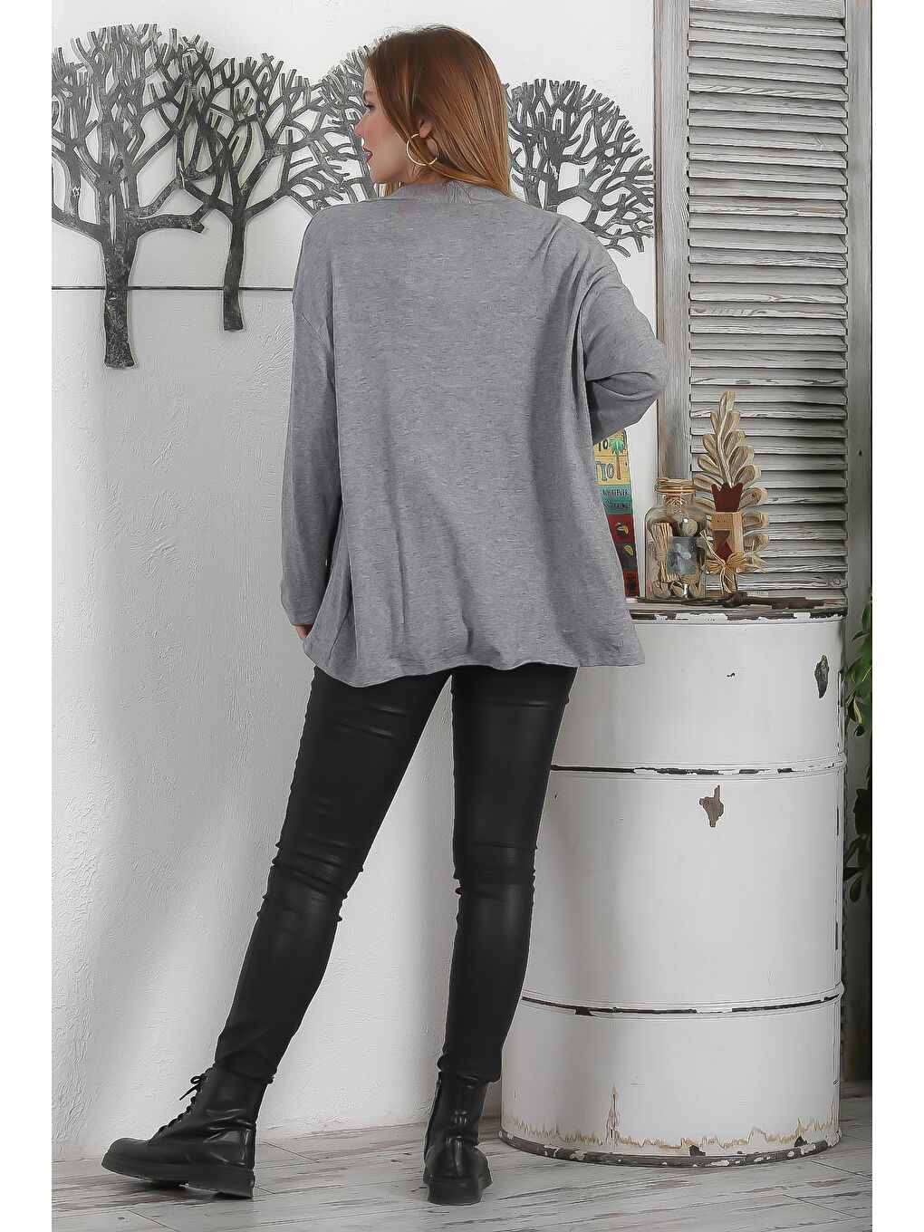 İtalyan Gri Kimono Yaka Uzun Kol Kapamasız Çift Cepli Casual Triko Hırka-7