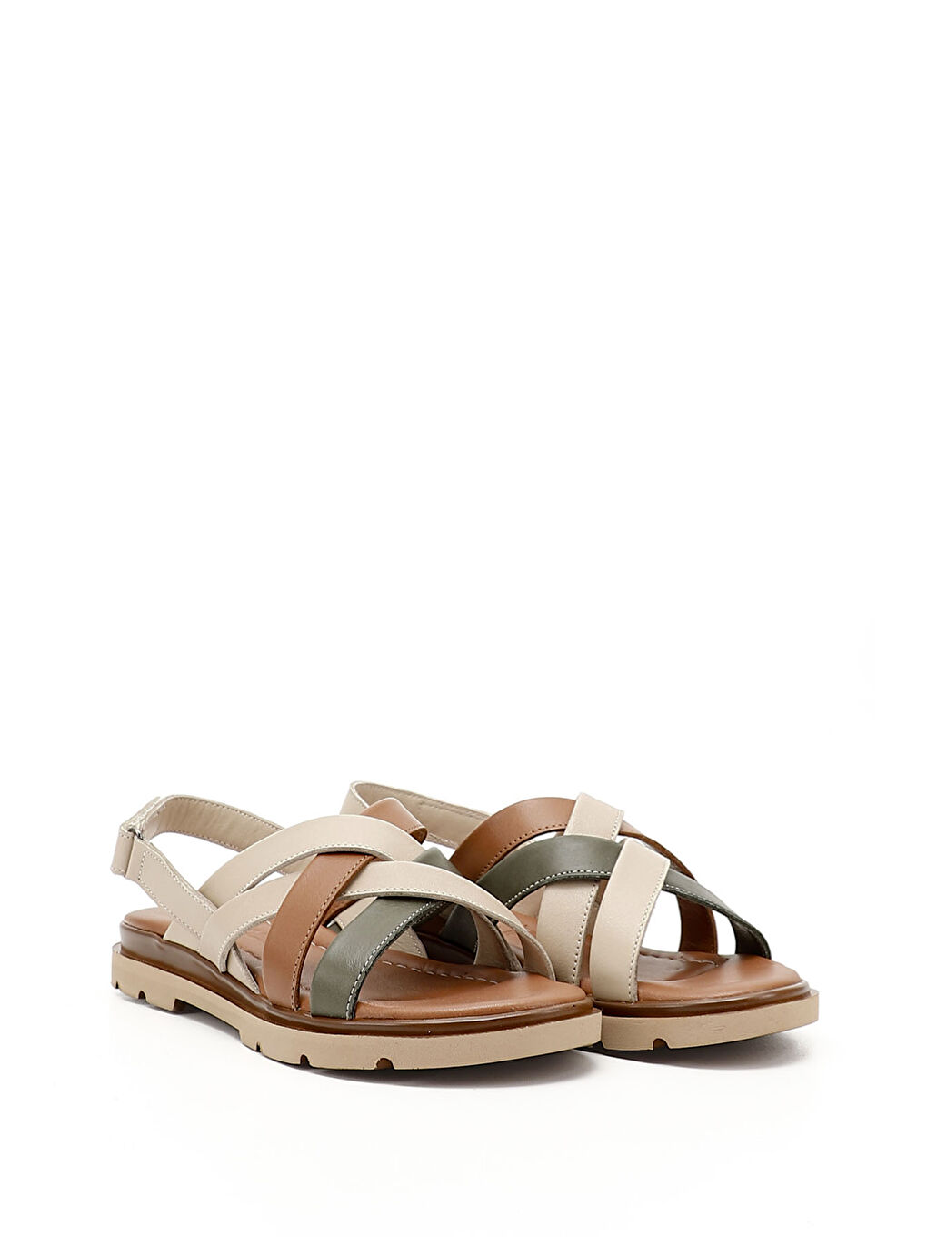 Bej Kadın BEJ-TEN RENGİ Çapraz Bantlı Hakiki Deri Sandalet-1