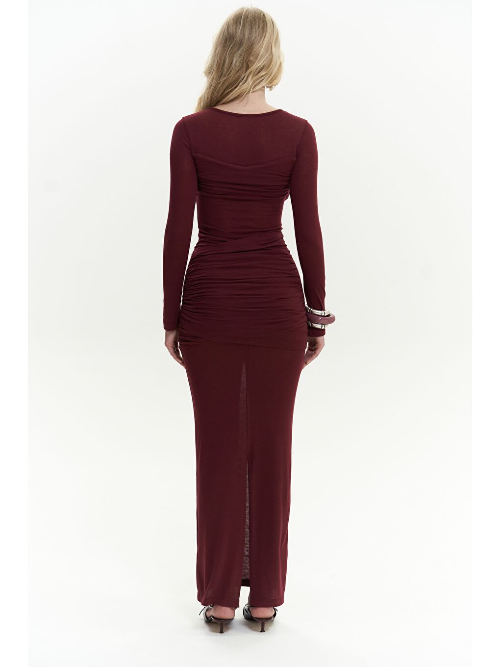 Mai Collection Samia Göğüs Detay Uzun Bordo Elbise - 4