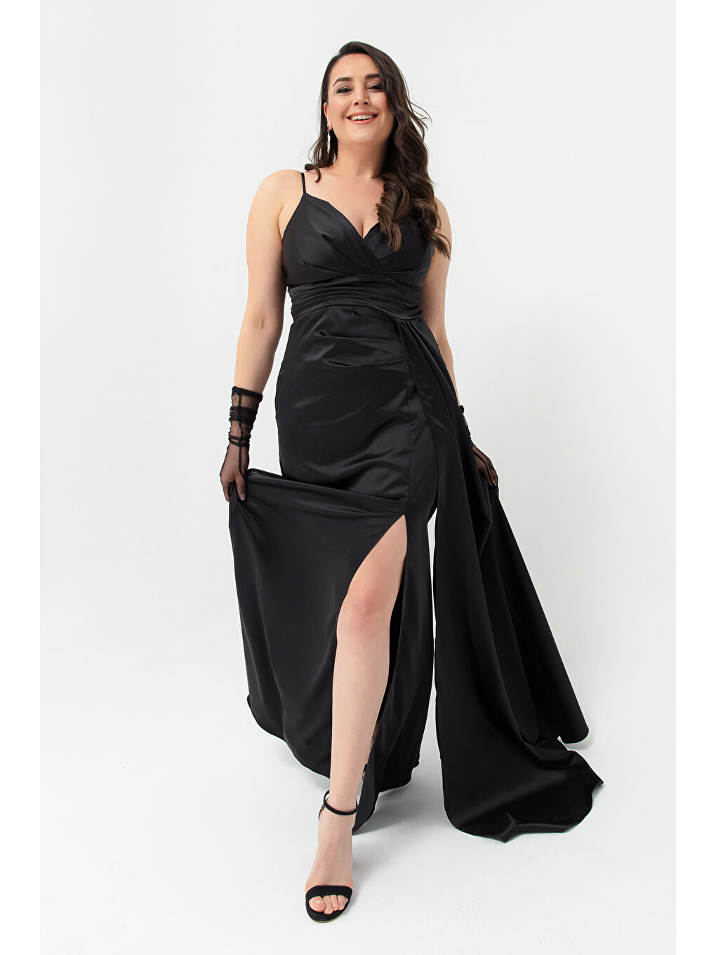 Kadın Siyah Büyük Beden Uzun Saten Abiye Elbise & Mezuniyet Elbisesi-1