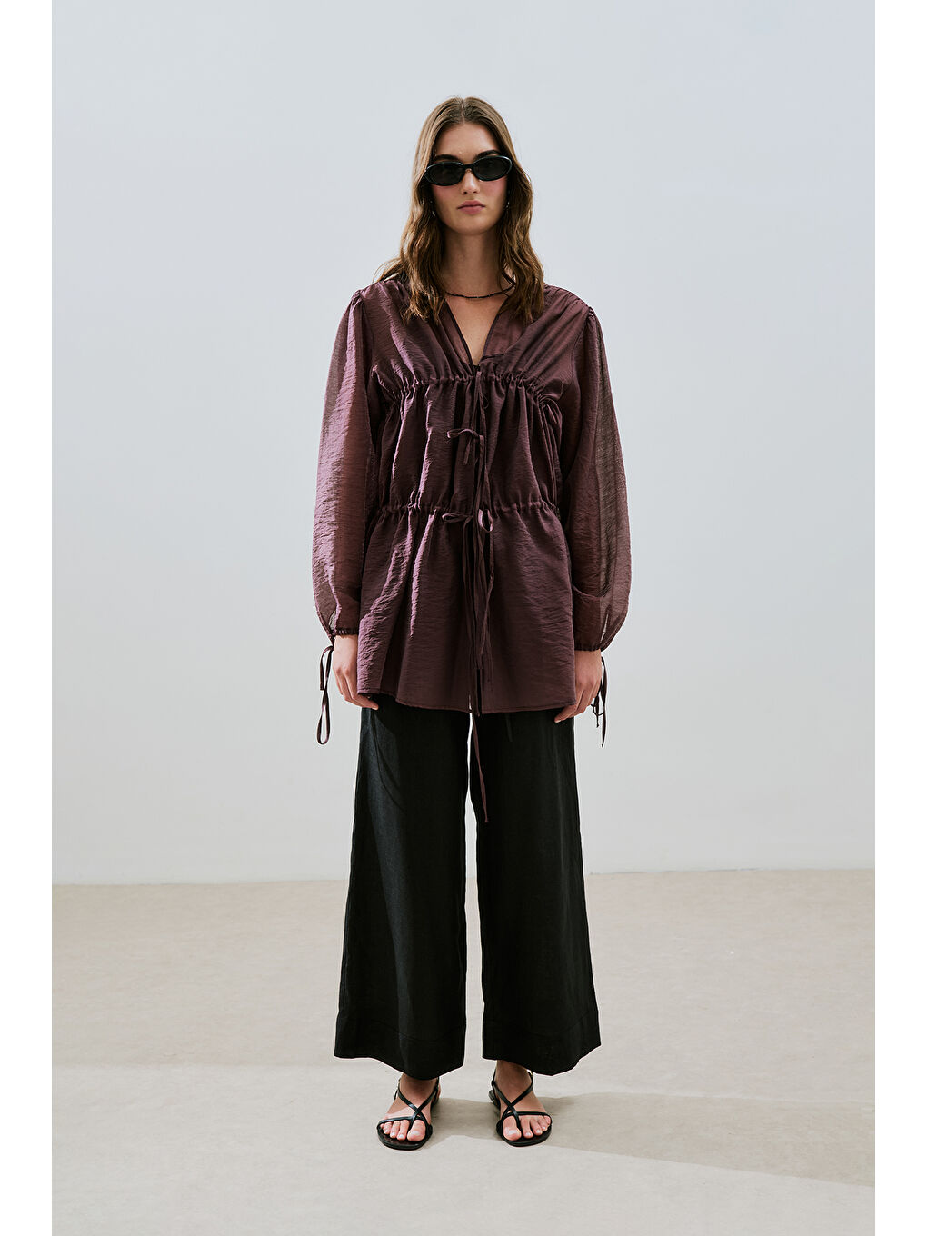 Büzgülü Bağlamalı Bluz Bordo-1