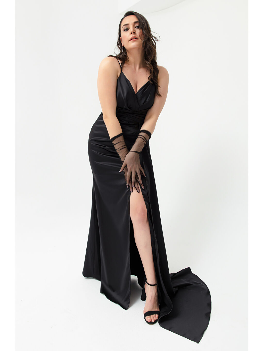 Kadın Siyah Büyük Beden Uzun Saten Abiye Elbise & Mezuniyet Elbisesi-2