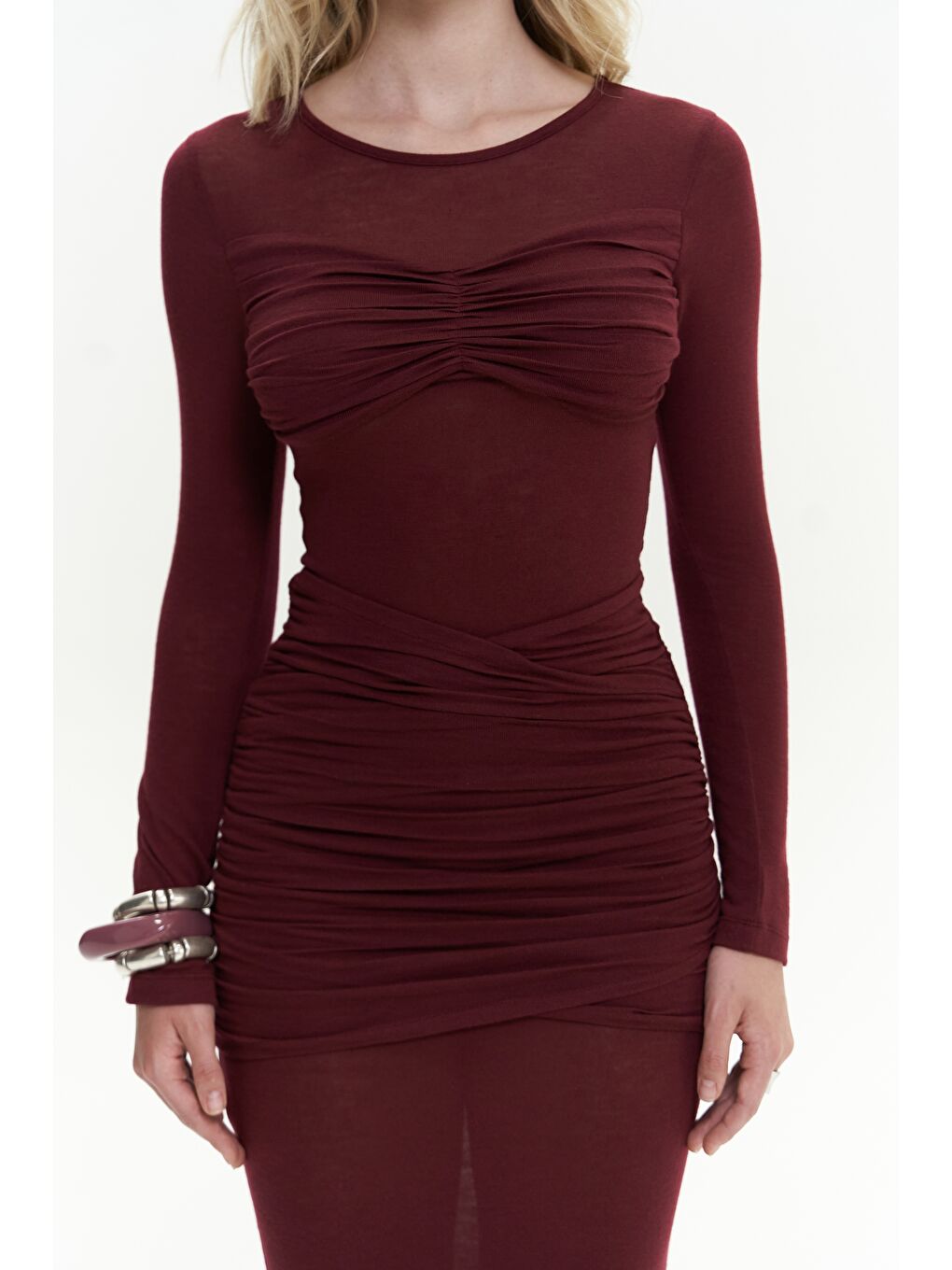 Mai Collection Samia Göğüs Detay Uzun Bordo Elbise - 5