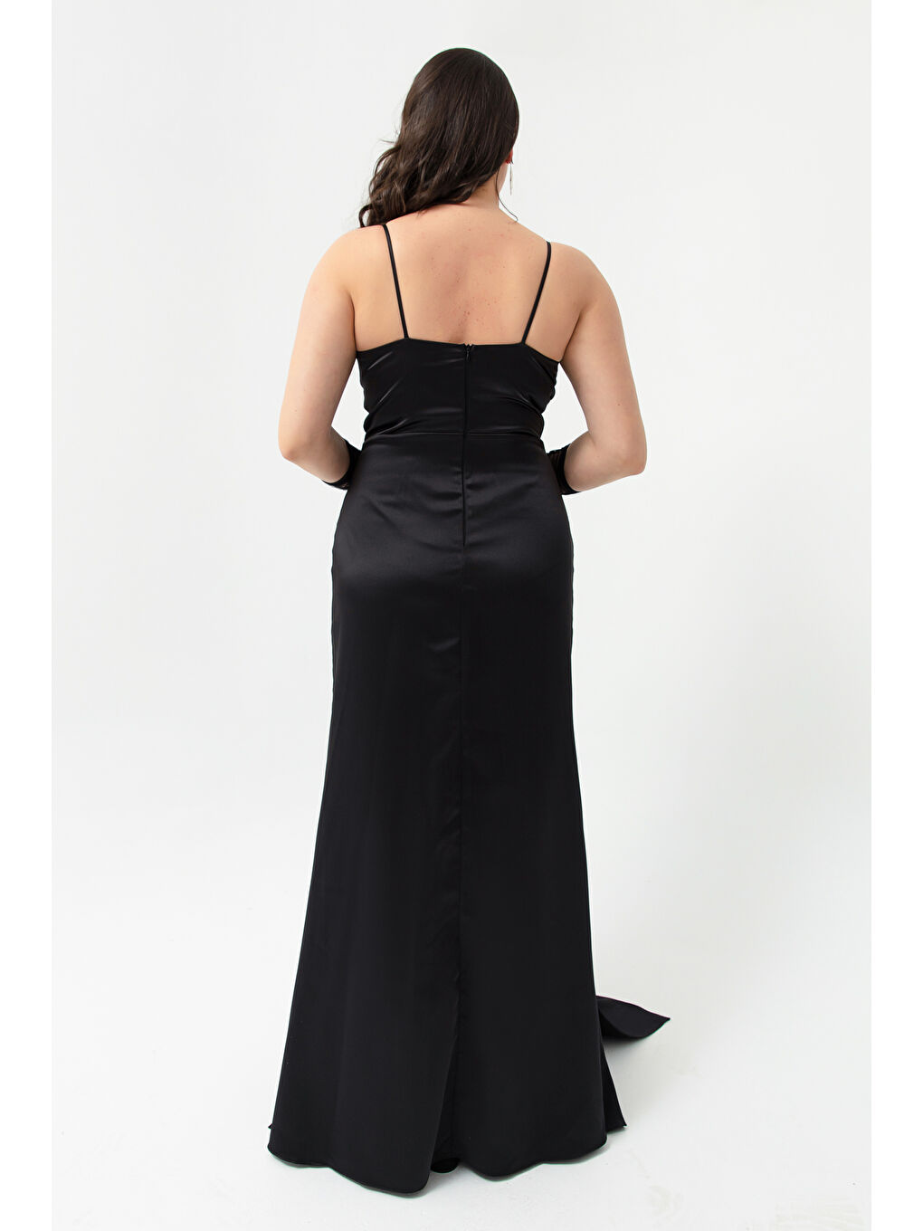 Kadın Siyah Büyük Beden Uzun Saten Abiye Elbise & Mezuniyet Elbisesi-4