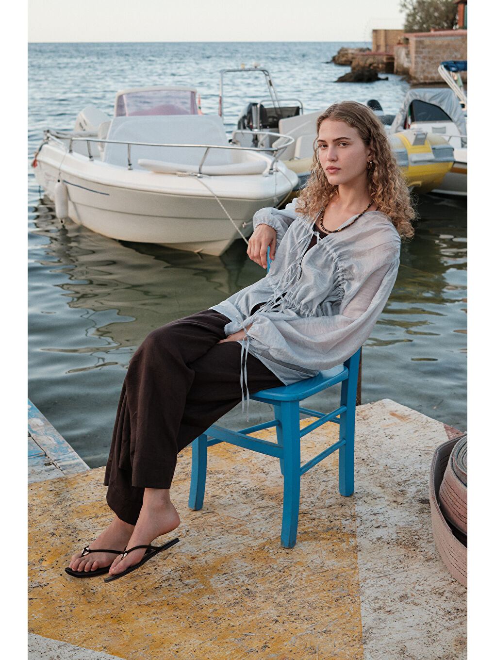 Büzgülü Bağlamalı Bluz Mavi-1