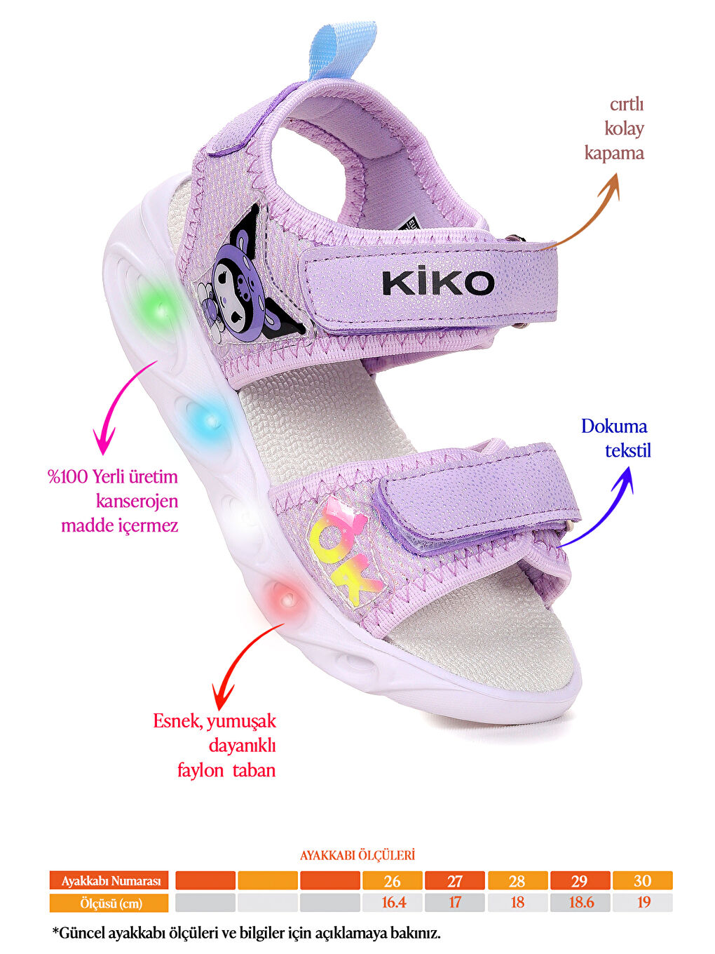 Lila Kuruza Günlük Işıklı Cırtlı Kız Çocuk Sandalet Ayakkabı-1