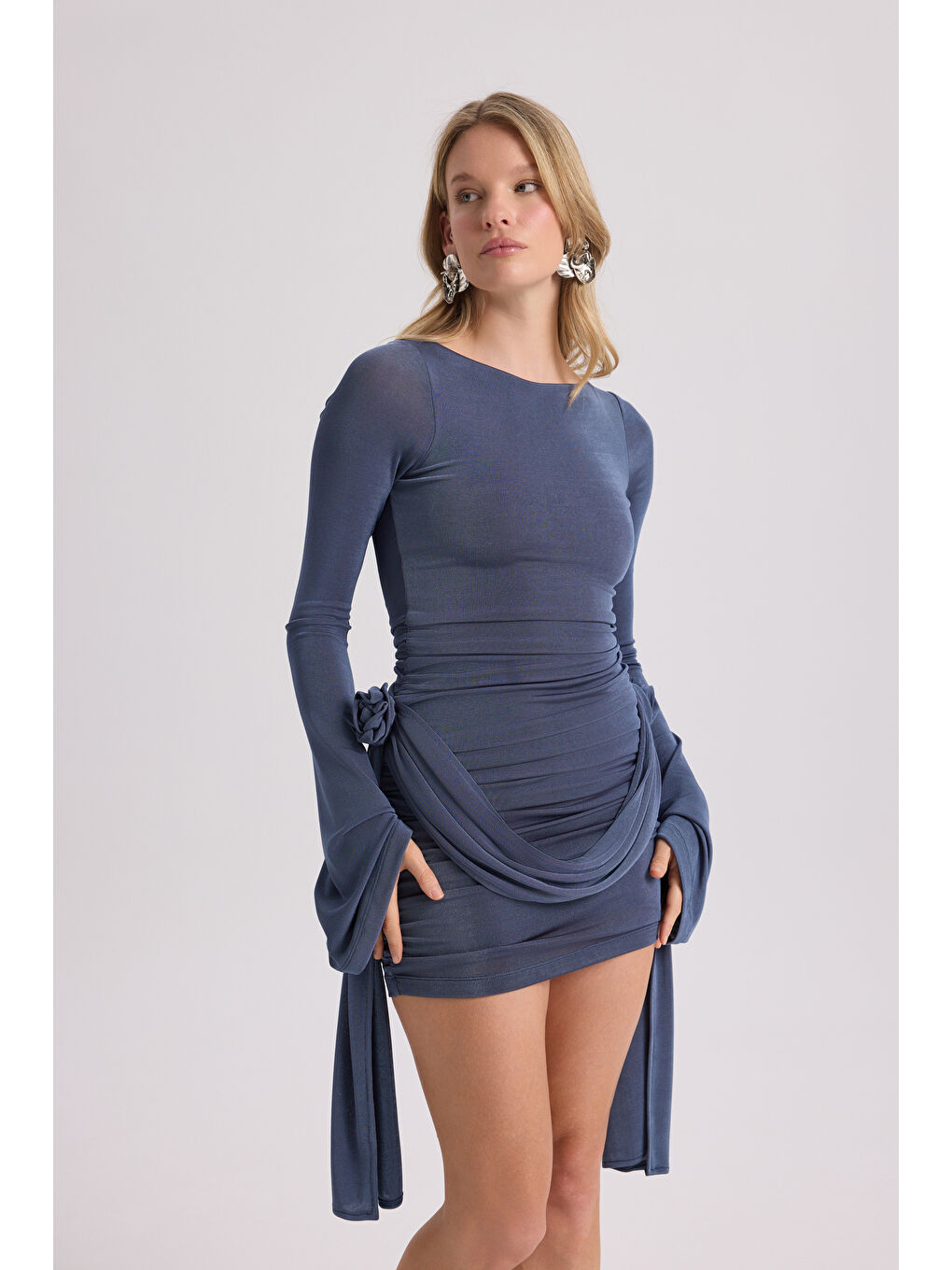 Avenya Gül Detay İndigo Mini Elbise