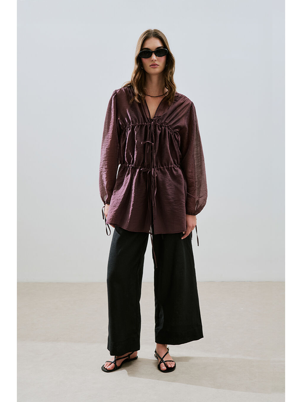 Büzgülü Bağlamalı Bluz Bordo-3