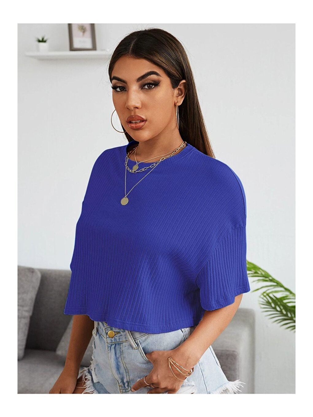 Trendseninle Lacivert Kadın Lacivert Oversize Fitilli Bel Crop Bluz