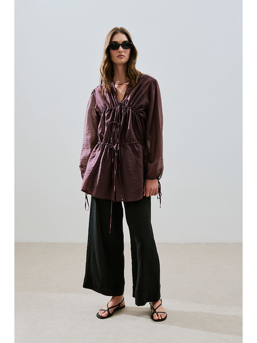 Büzgülü Bağlamalı Bluz Bordo-4