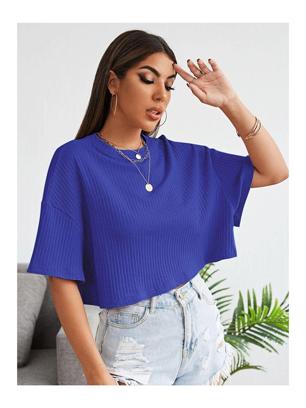 Trendseninle Lacivert Kadın Lacivert Oversize Fitilli Bel Crop Bluz - 1