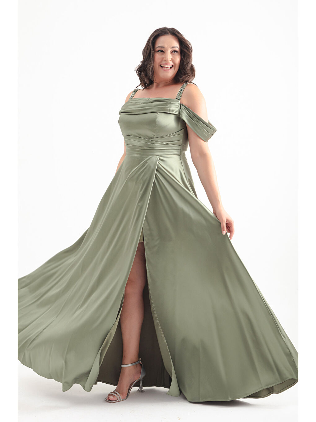 Kadın Haki Taş Askılı Drapeli Büyük Beden Uzun Abiye Elbise