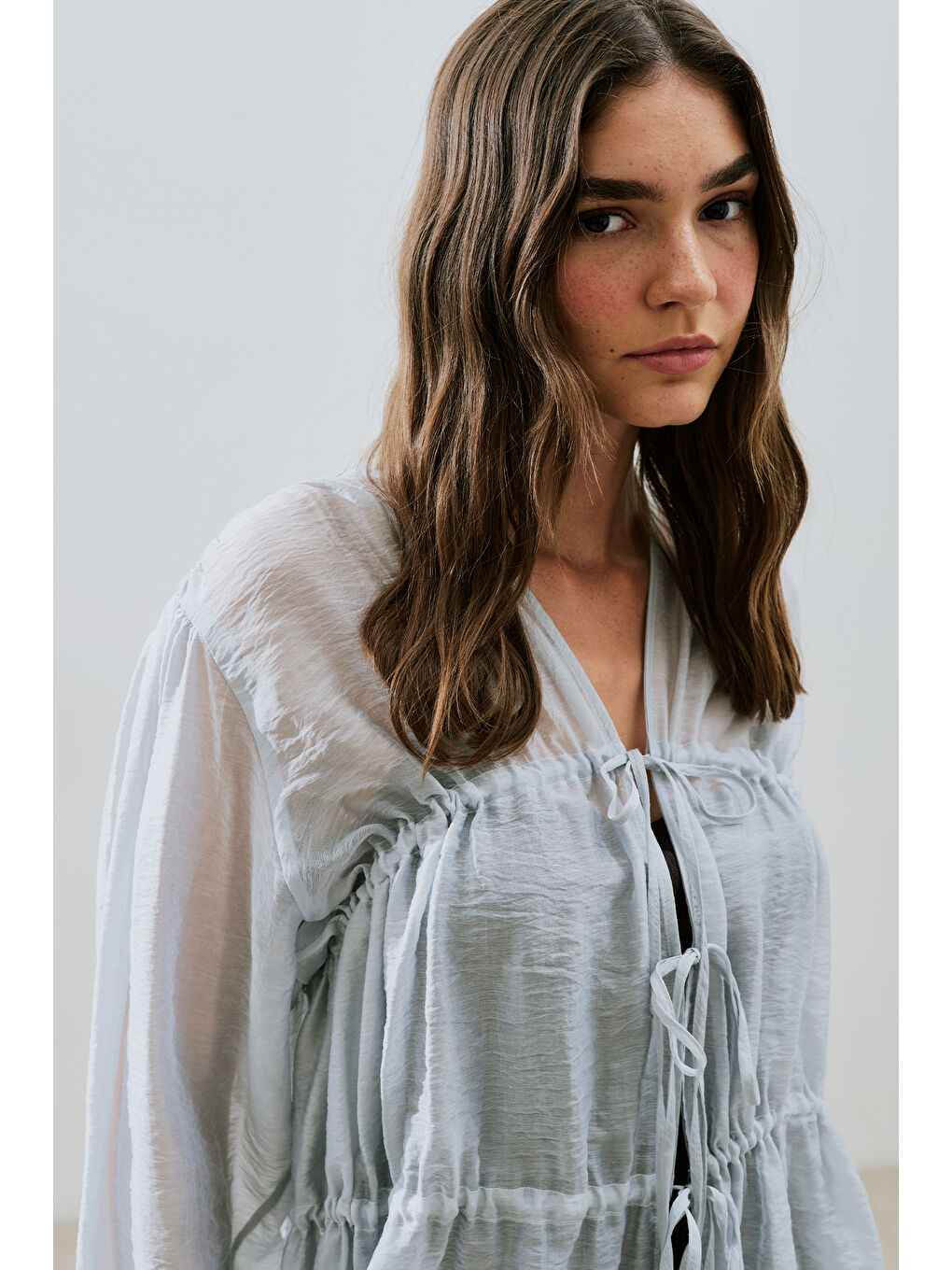 Büzgülü Bağlamalı Bluz Mavi-3