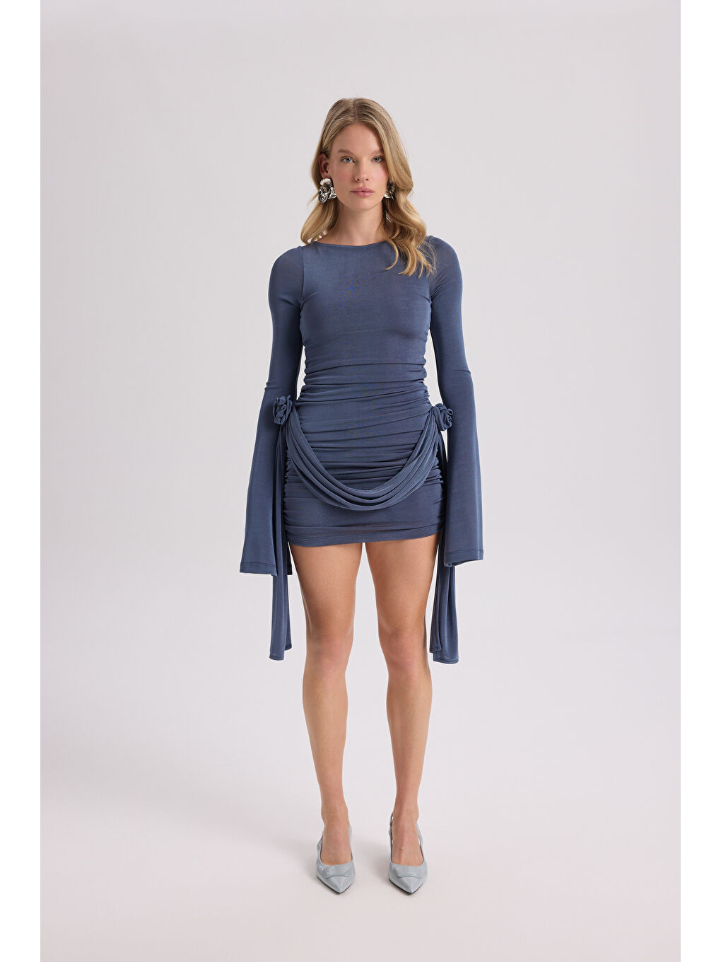 Avenya Gül Detay İndigo Mini Elbise-1